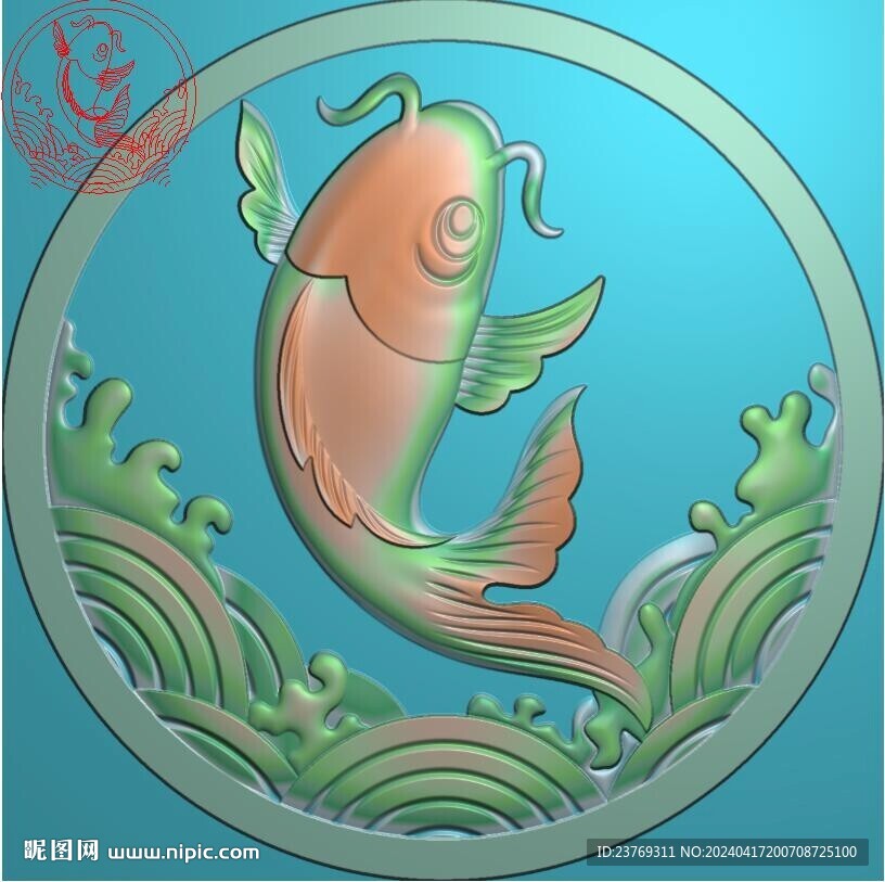 圆形鲤鱼水纹挂匾精雕图灰度图