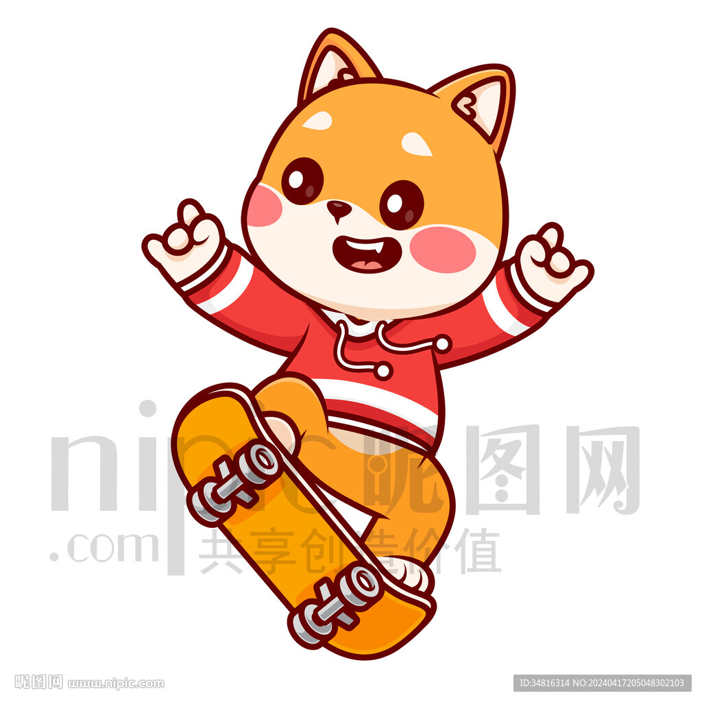 可爱卡通玩滑板的小狗