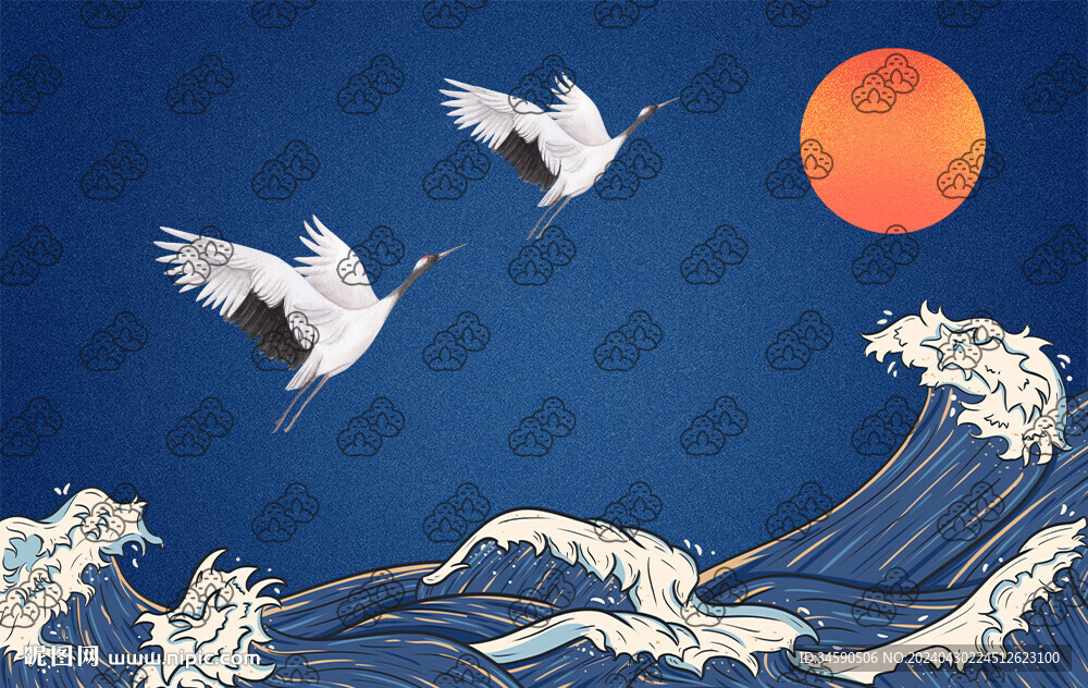 国风国潮古风海浪仙鹤落日插画