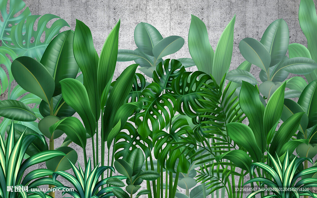 3d热带植物花鸟背景墙