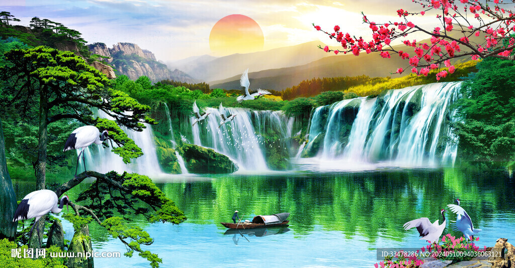 旭日东升迎客松山水画