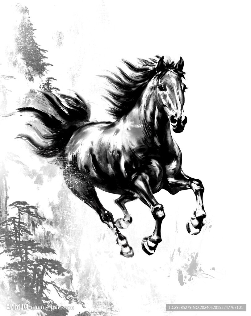 电脑分层透明底水墨写意风格奔马