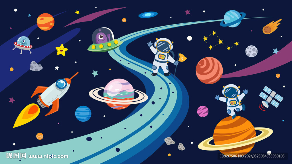 外太空宇航员卡通宇宙星球背景墙