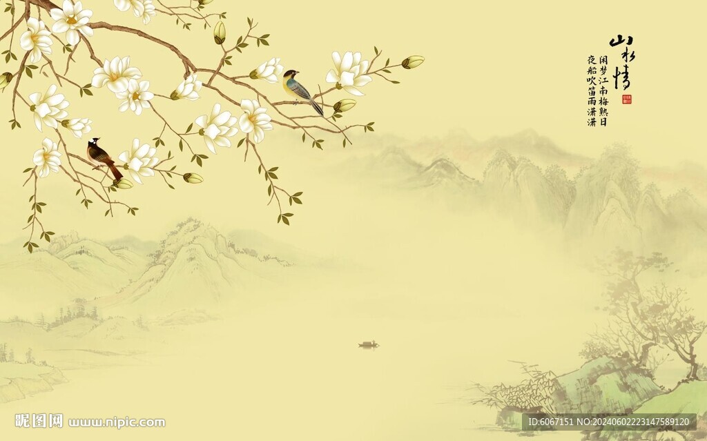 新中式兰花鸟画背景墙