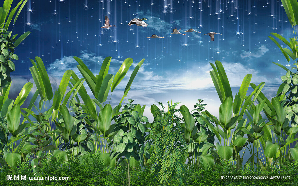 3d热带植物花鸟背景墙