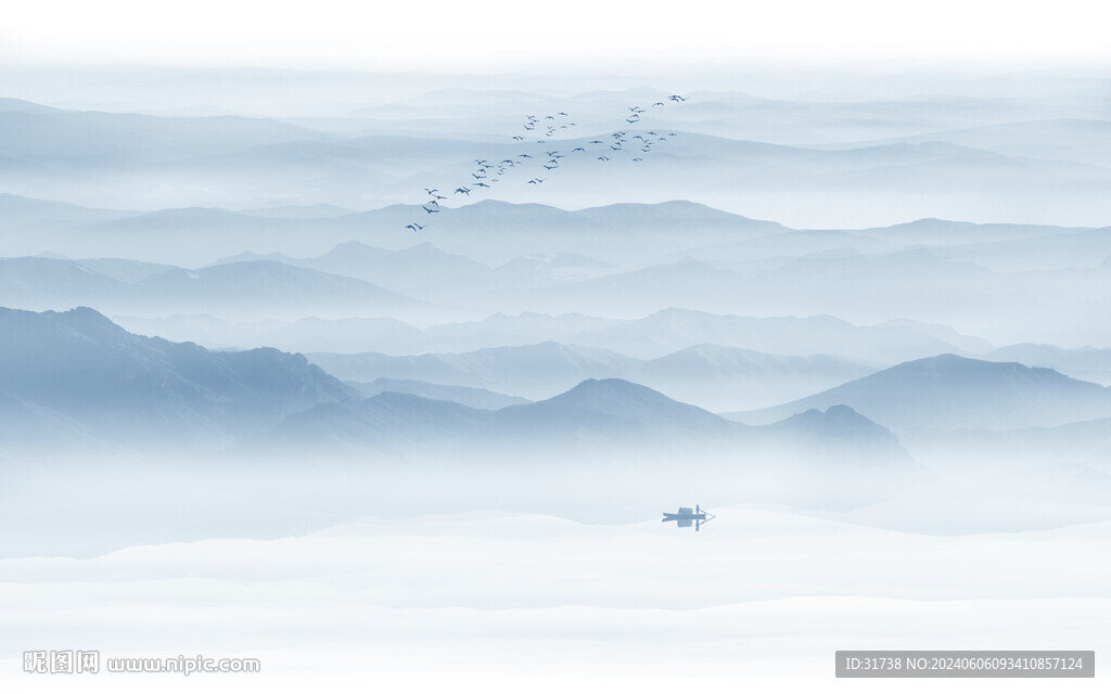 蓝色水墨山水画