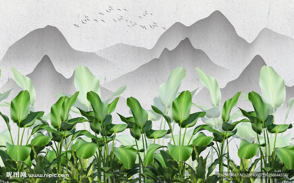 3d热带植物花鸟背景墙