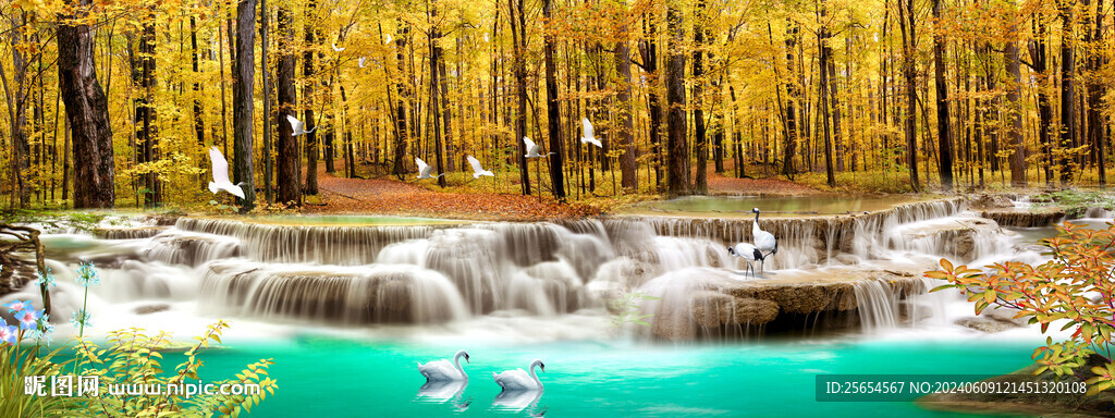 流水生财瀑布山水时尚床头画