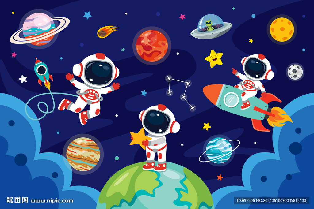 外太空星球卡通宇航员火箭背景墙