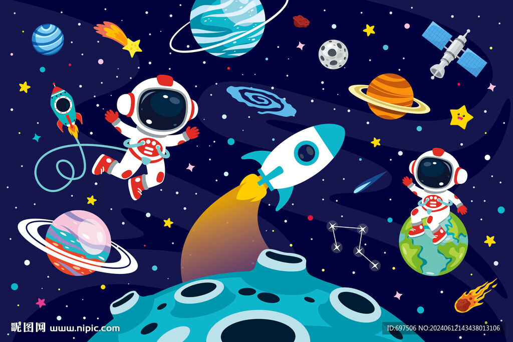 卡通星球宇航员太空火箭宇宙背景