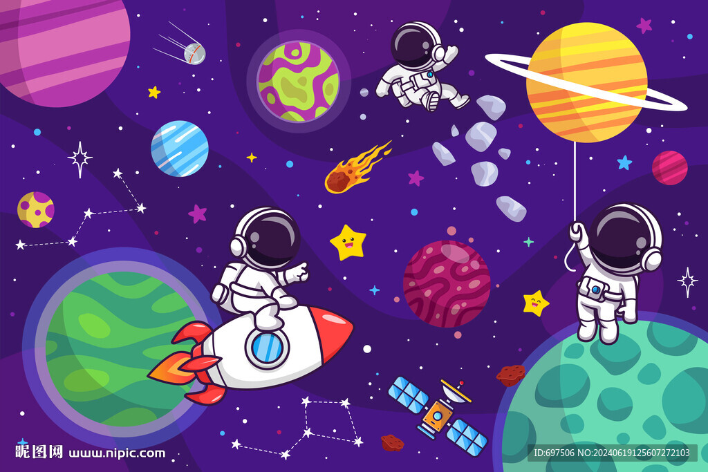 卡通宇宙星球外太空宇航员背景墙