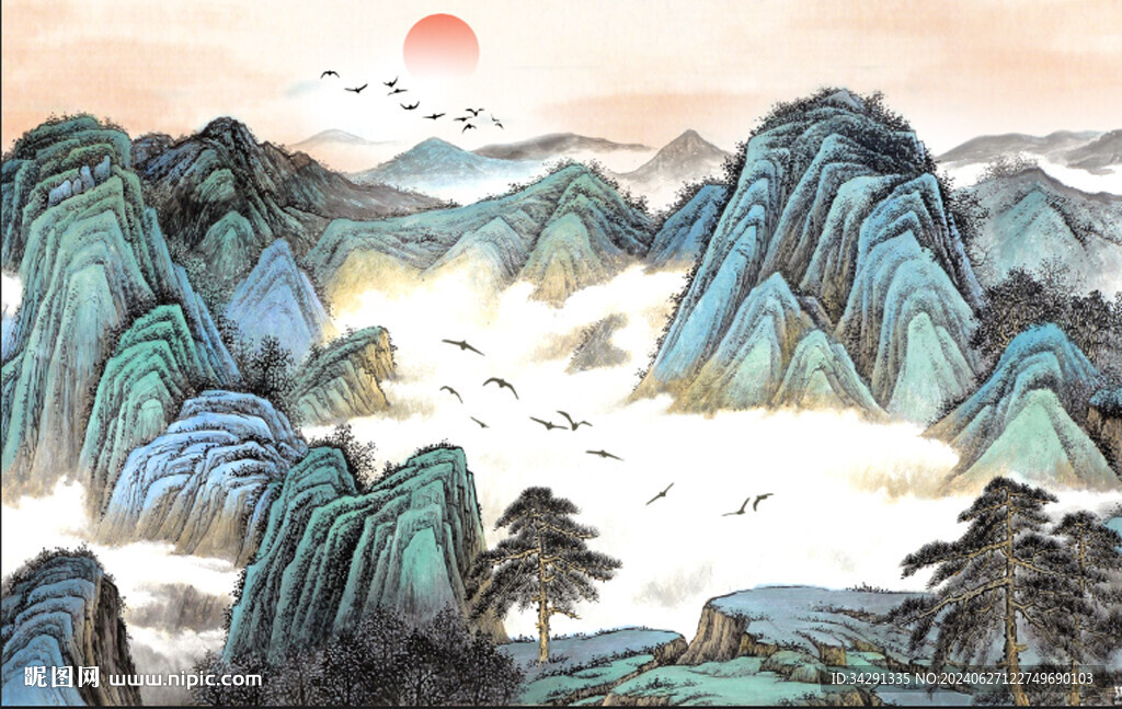 新中式彩墨山水壁画