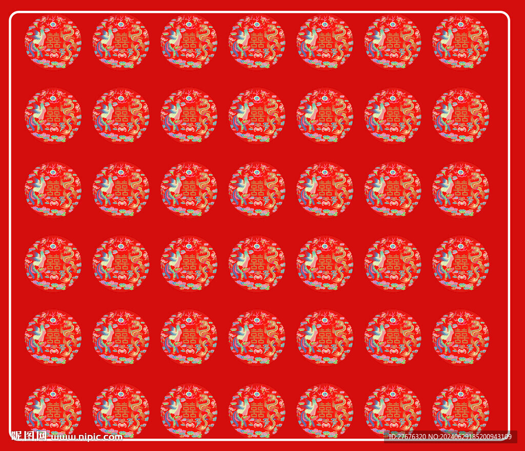 红色绸绣龙凤喜字纹图