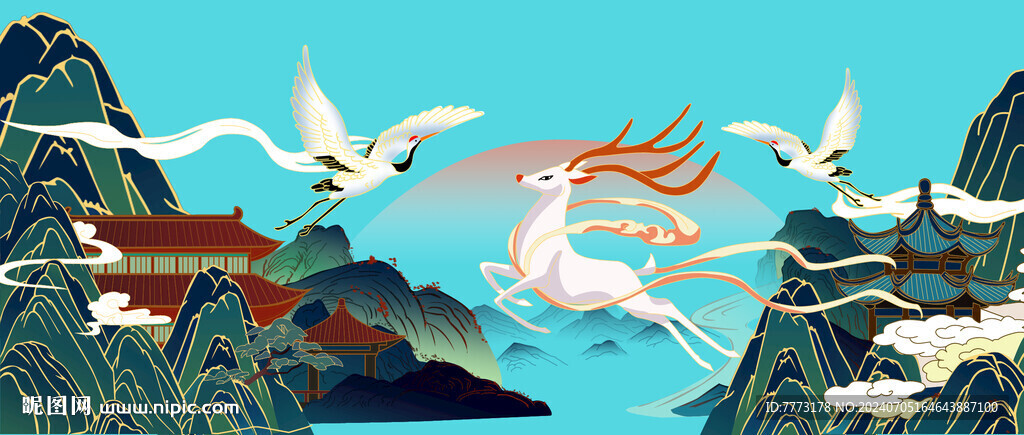 国潮山水   国潮风   鹿 