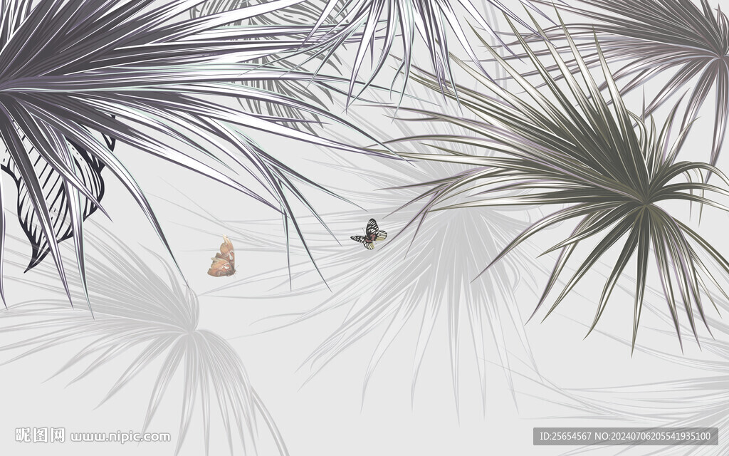 紫色抽象棕榈叶沙发背景墙