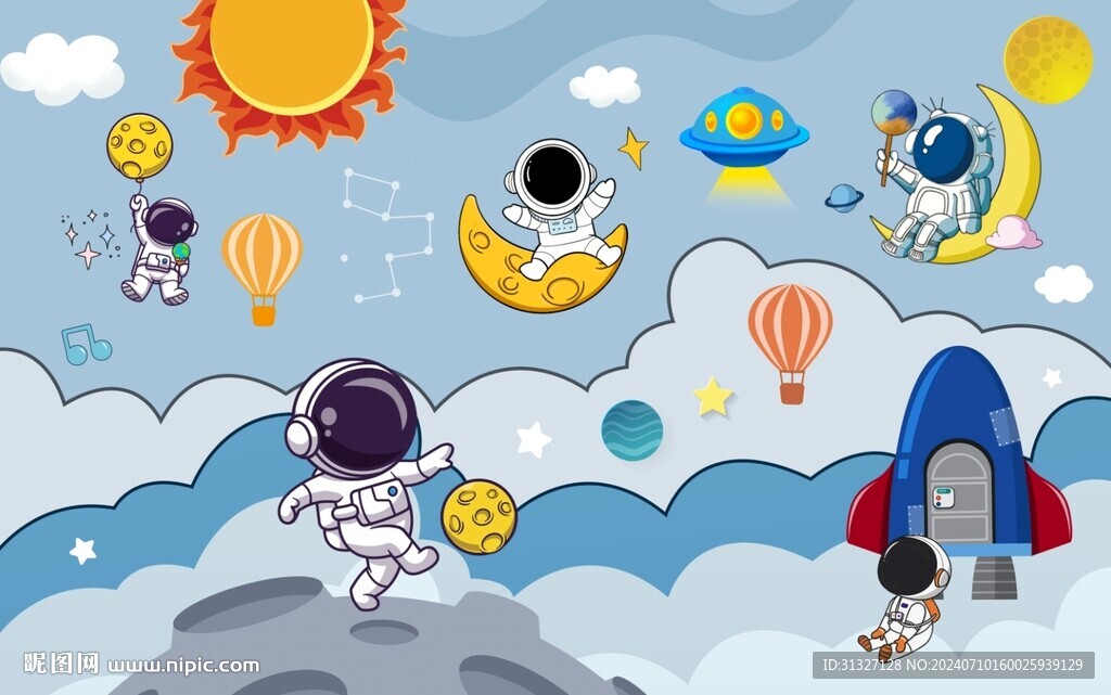 星空宇宙卡通太空人儿童背景墙图