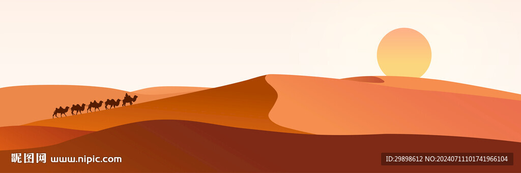 沙漠骆驼队伍夕阳鸣沙山剪影