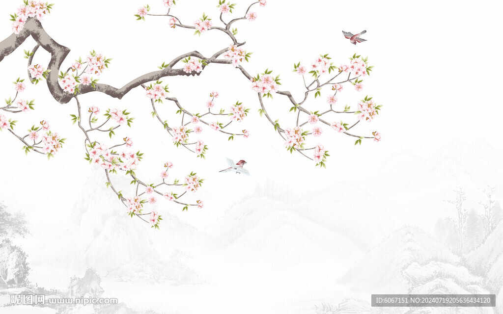 新中式工笔花鸟画背景墙