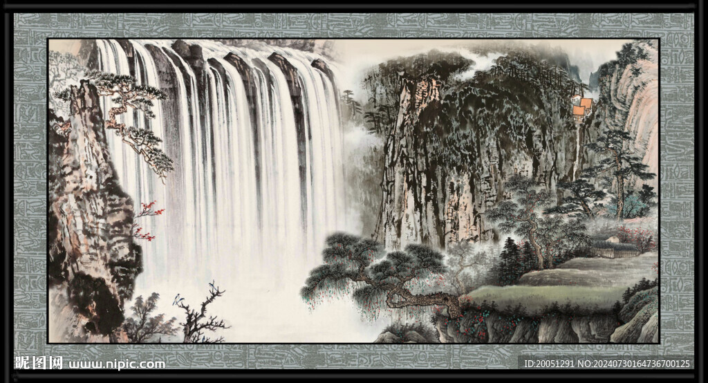 瀑布山水画 