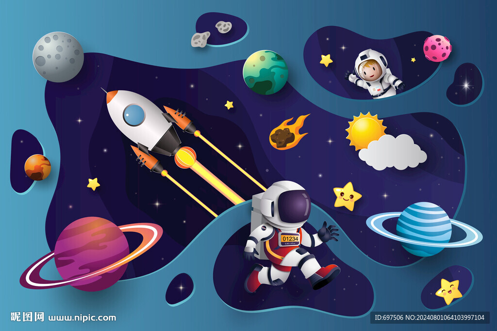 3D外太空火箭宇航员星球背景墙