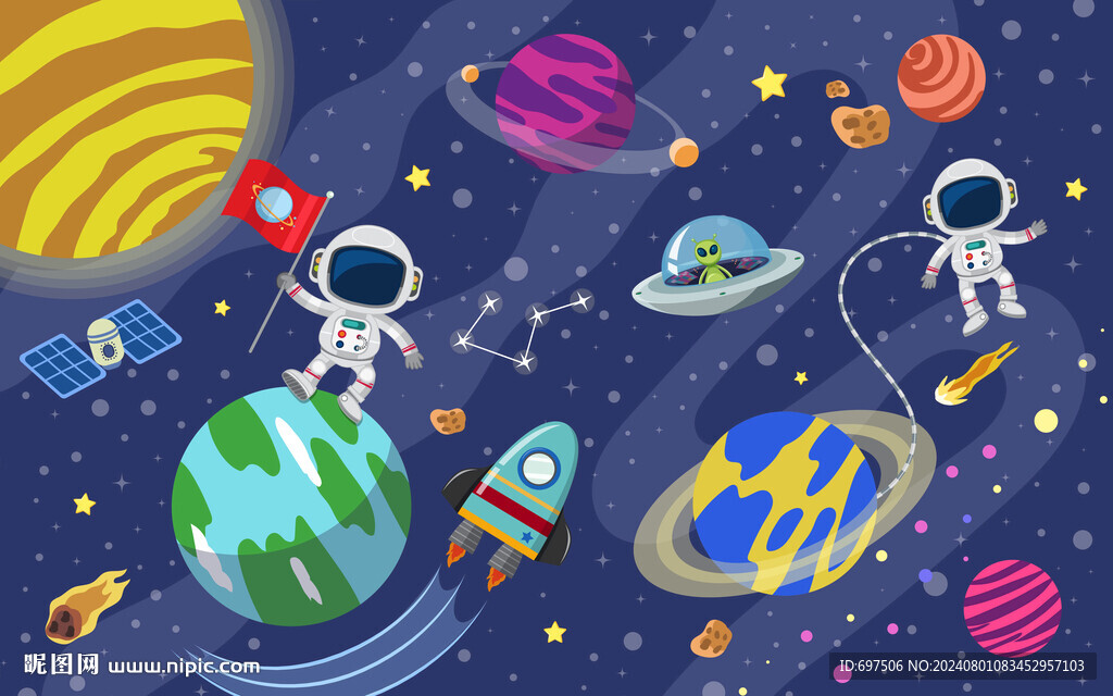 宇宙星球卡通宇航员儿童房背景墙