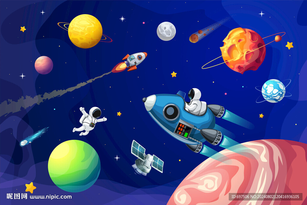 卡通宇航员火箭外太空星球背景墙