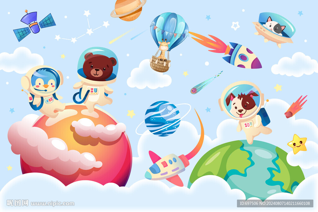 卡通动物宇航员外太空星球背景墙