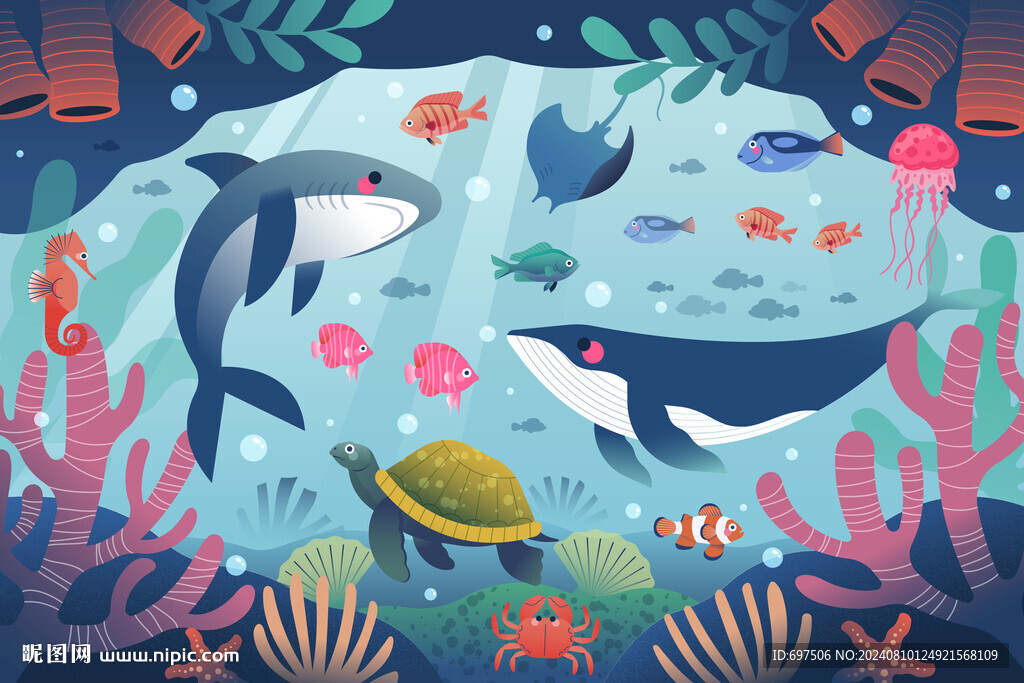 梦幻海底世界卡通鲸鱼珊瑚背景墙