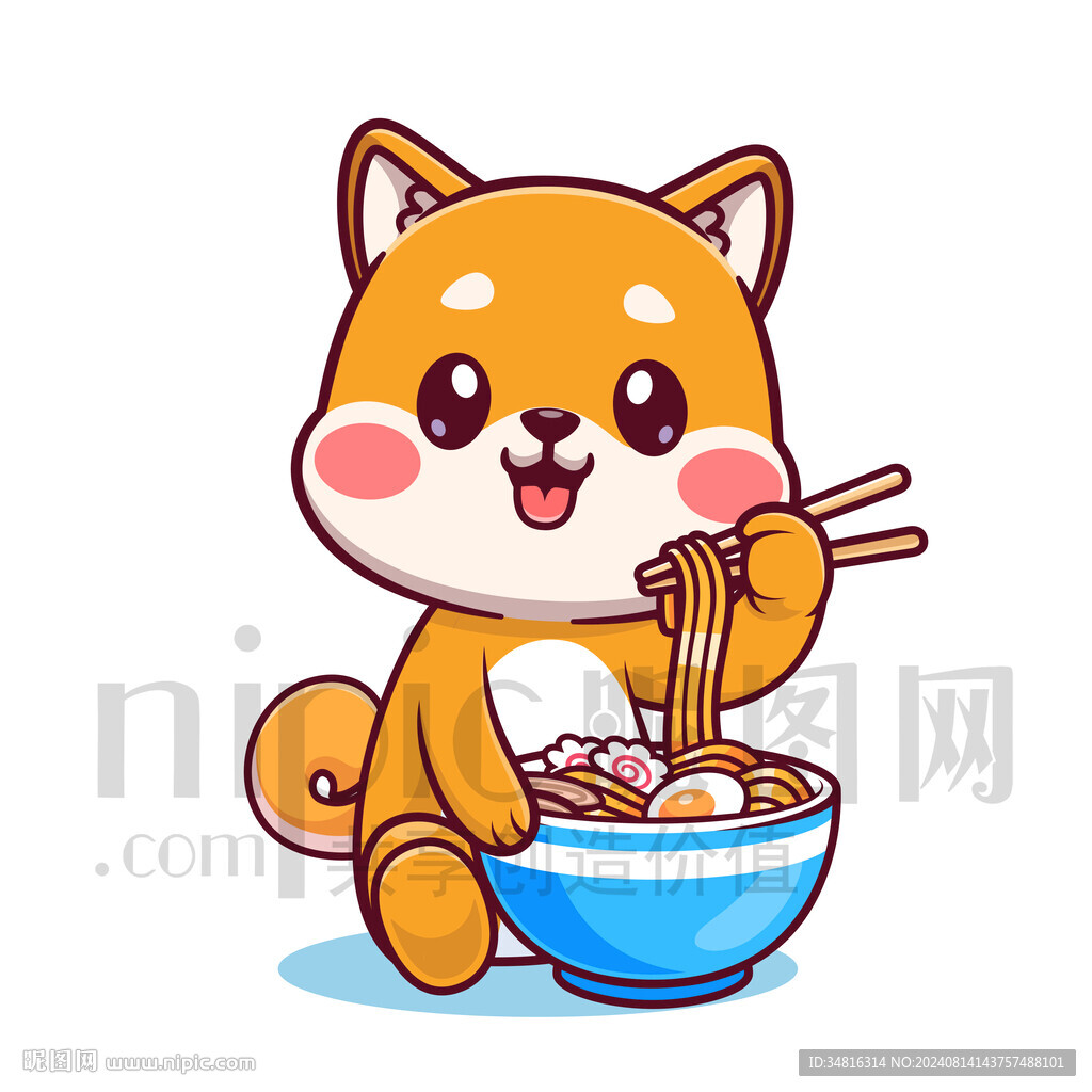 可爱卡通吃面条的小狗