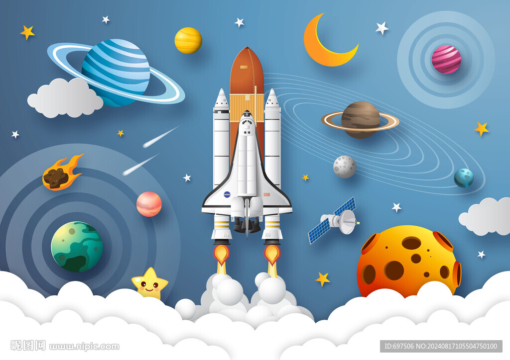 卡通火箭外太空宇航员星球背景墙