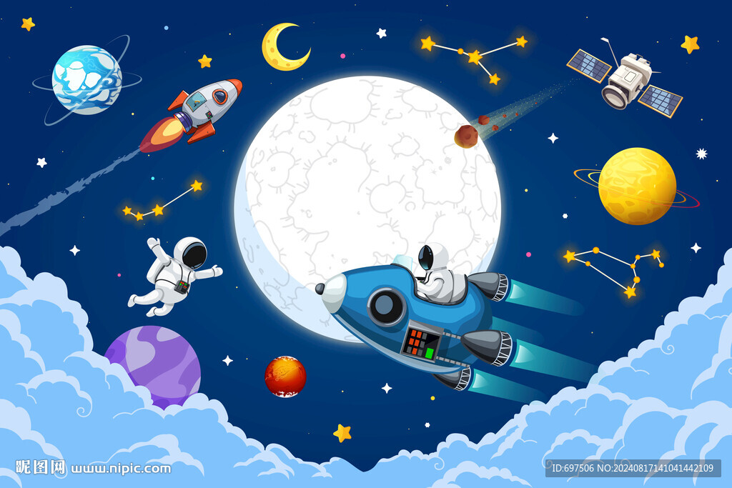 卡通星球宇航员外太空宇宙背景墙