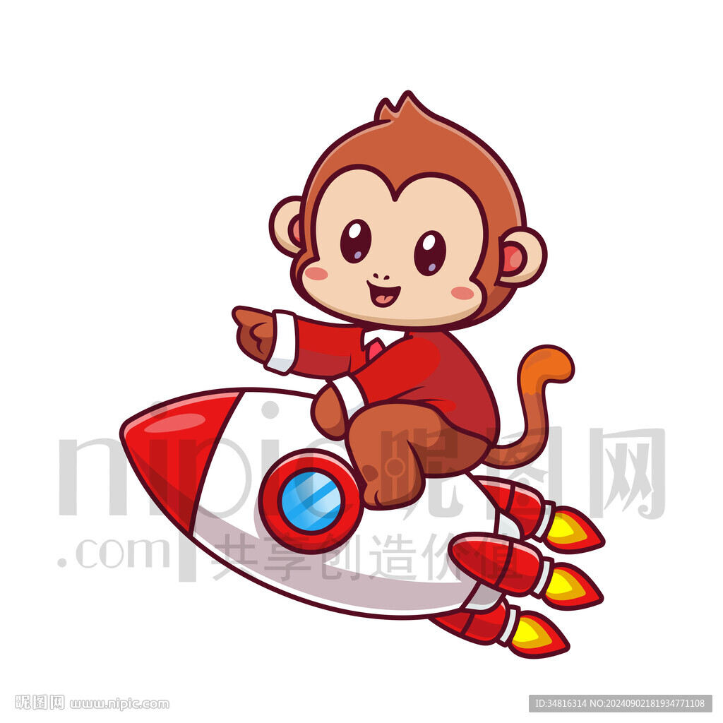 可爱卡通坐火箭的猴子