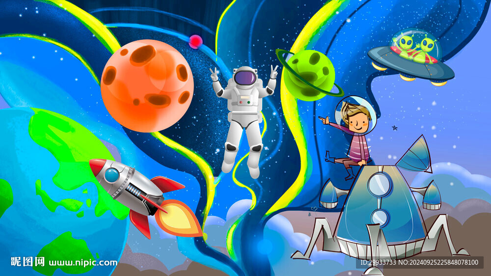 卡通宇航员火箭外太空星球背景墙