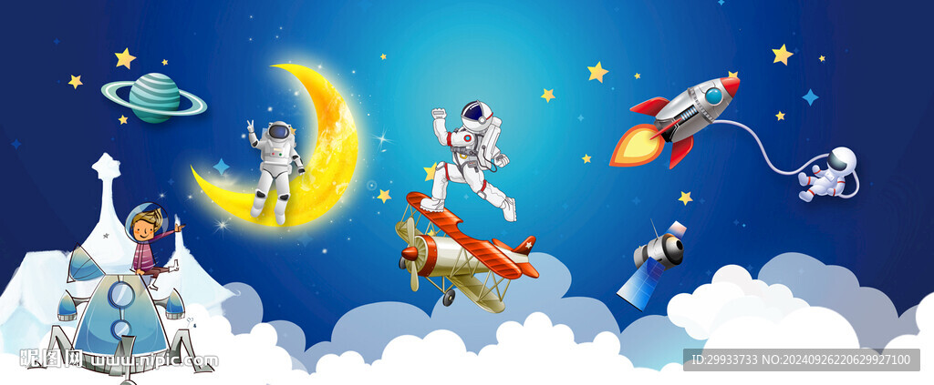 宇宙星球卡通宇航员儿童房背景墙
