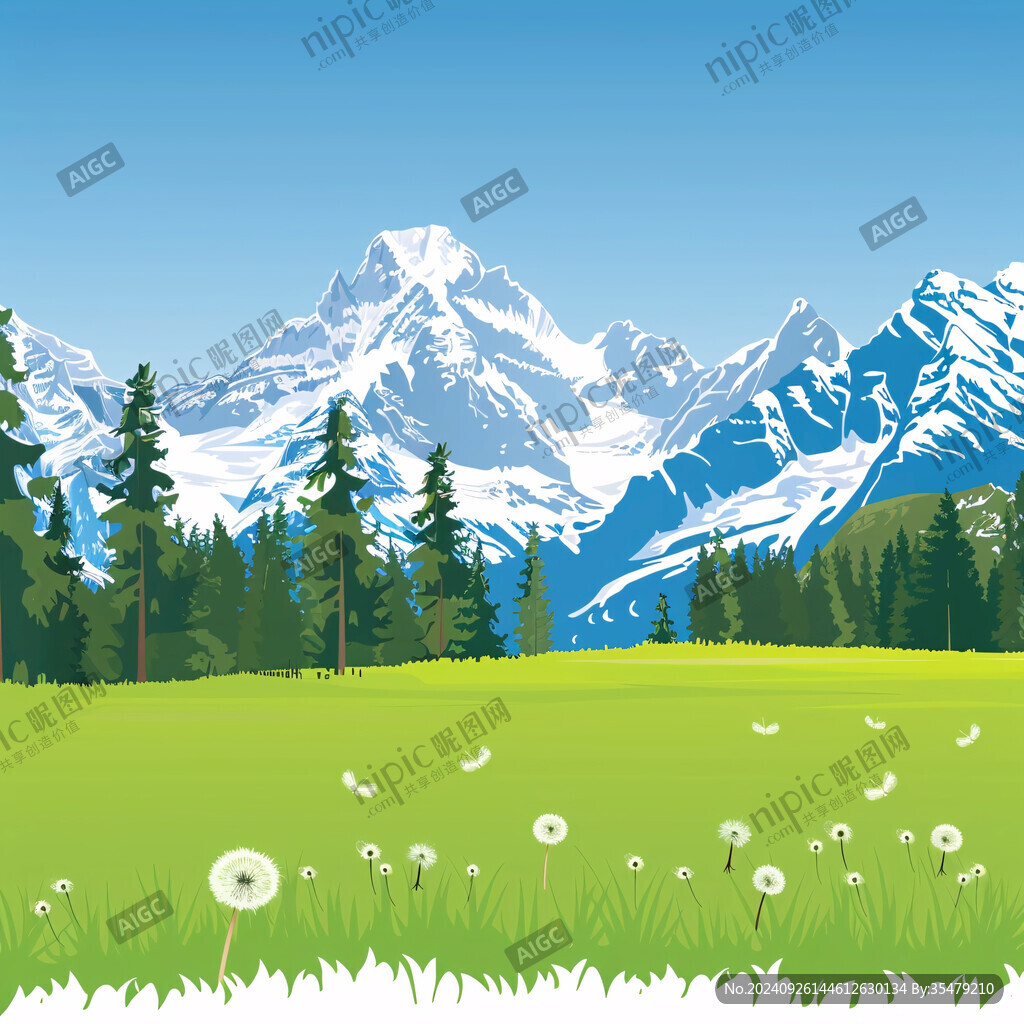 手绘草原草雪山