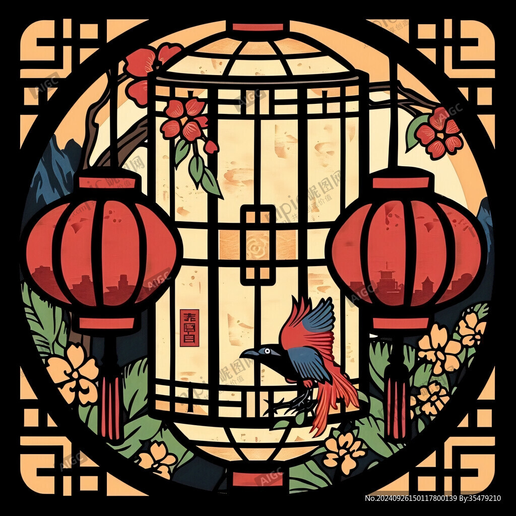祥鸟飞舞 月圆灯笼