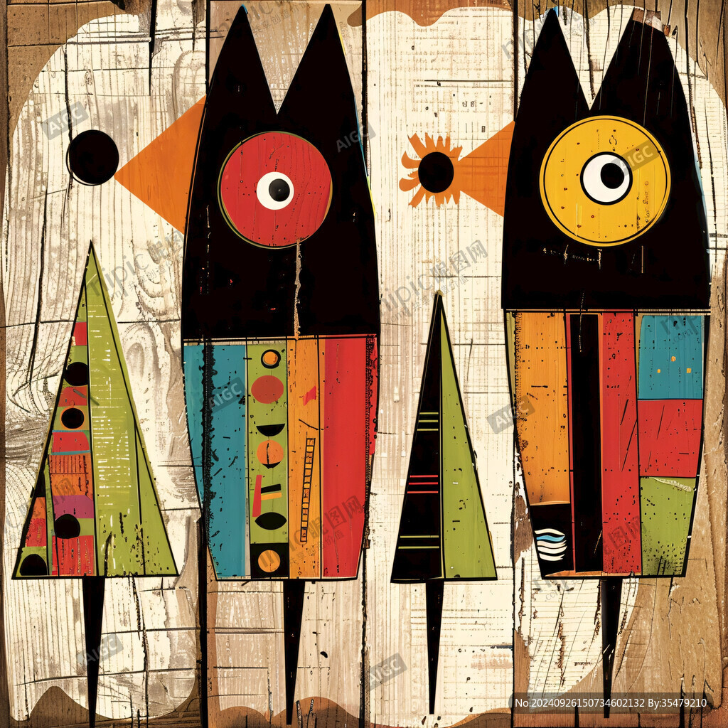 木板上的抽象鸟