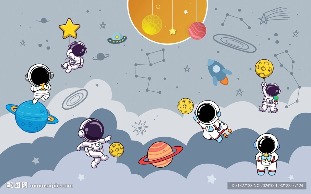 卡通太空人宇宙星空儿童房背景墙