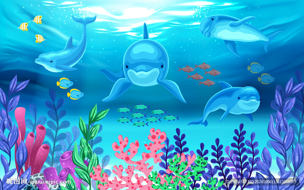 海底世界卡通儿童房背景墙