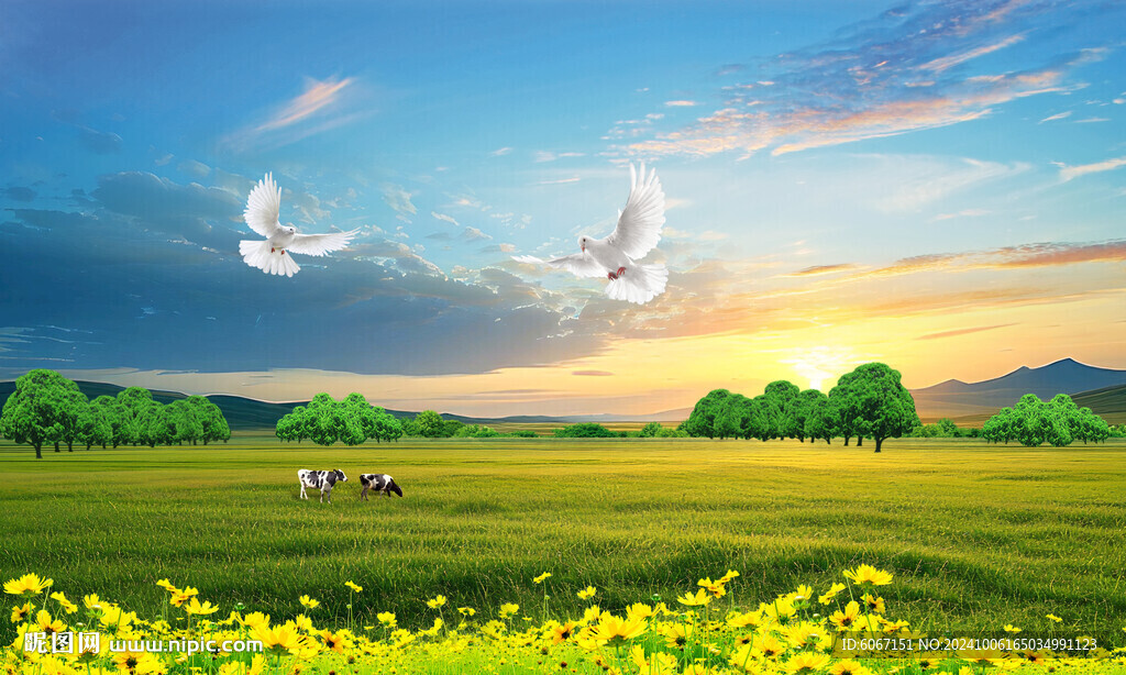 蓝天白云草地背景墙