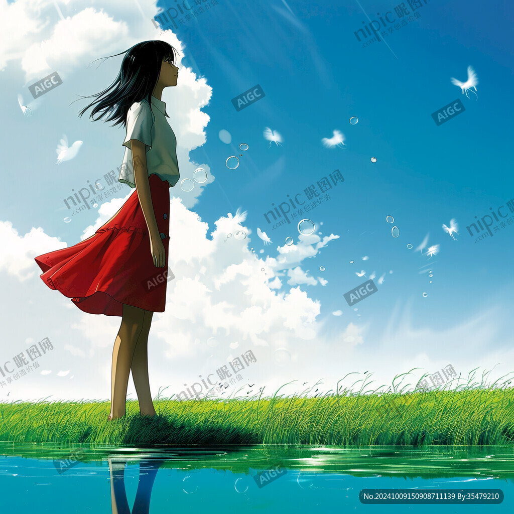 蓝天白云女孩插画