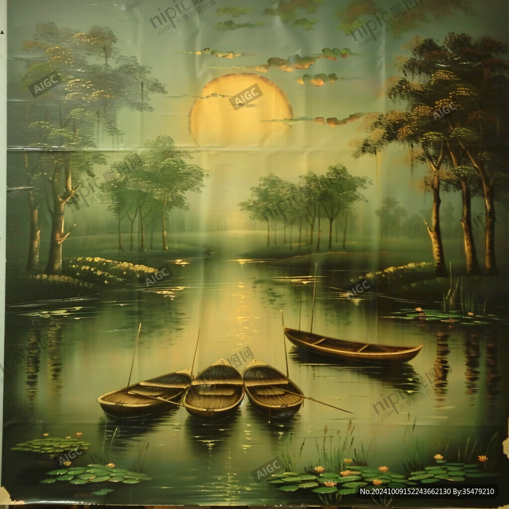 屏风条屏日出油画渔船