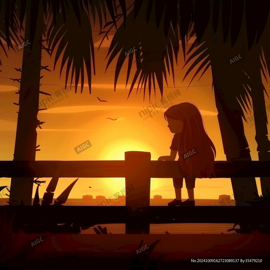 女学生夕阳下插画