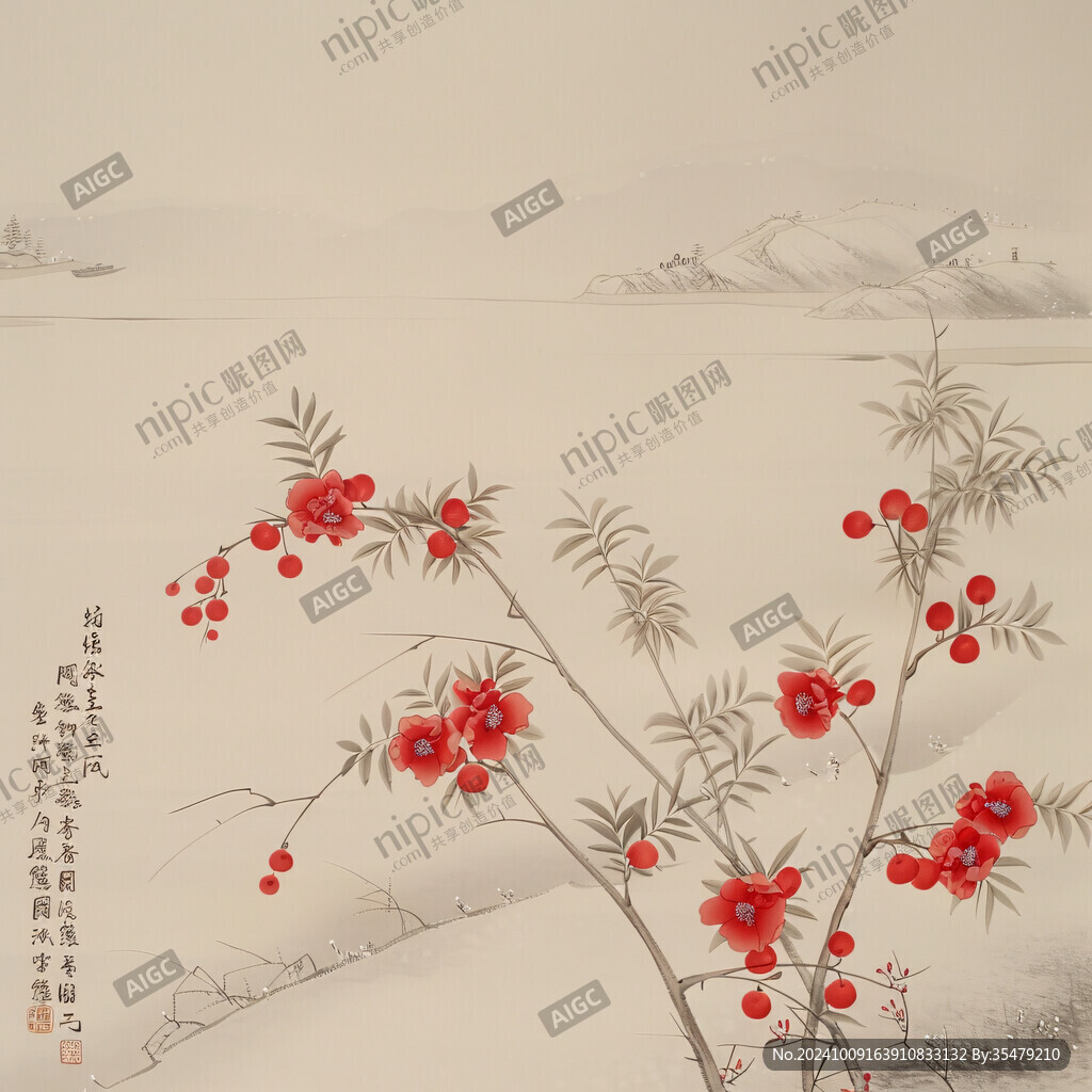 工笔手绘红墙梅花