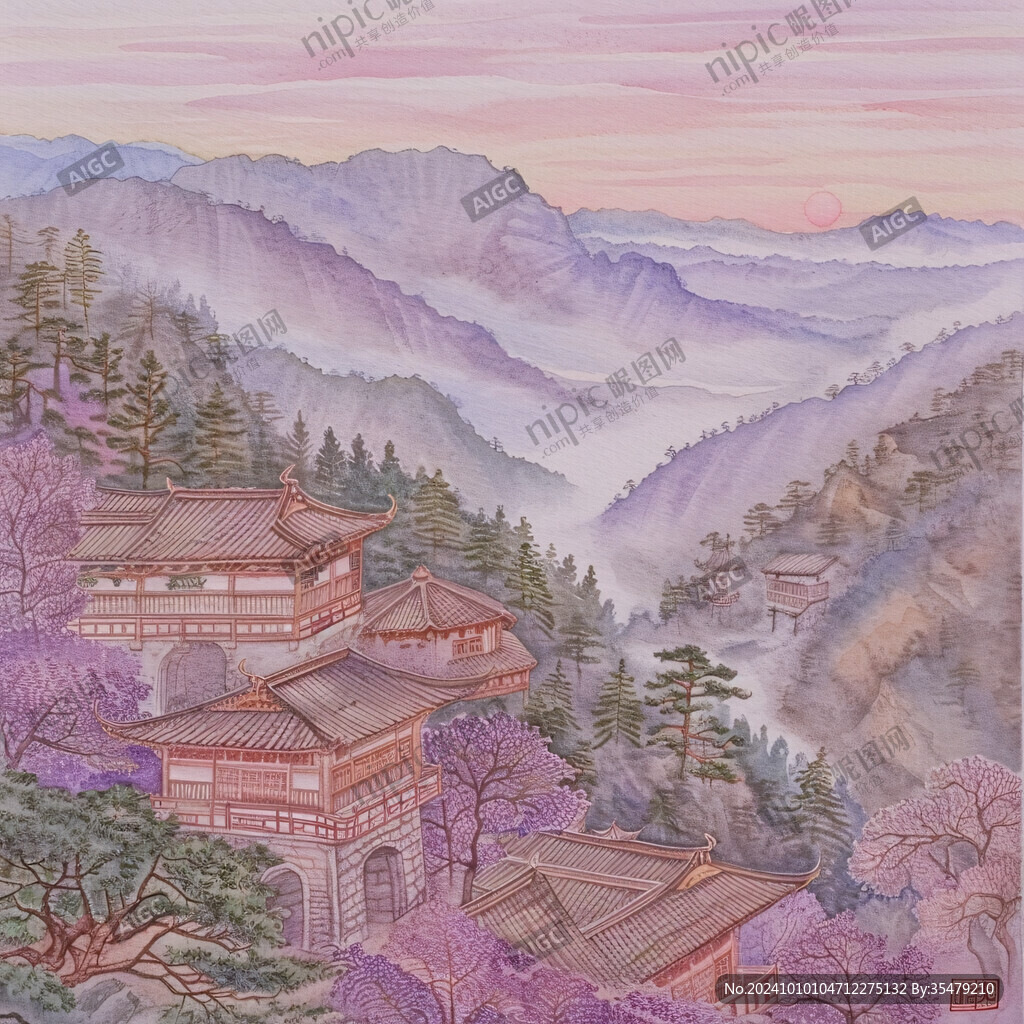 彩铅浪漫紫色国画山水