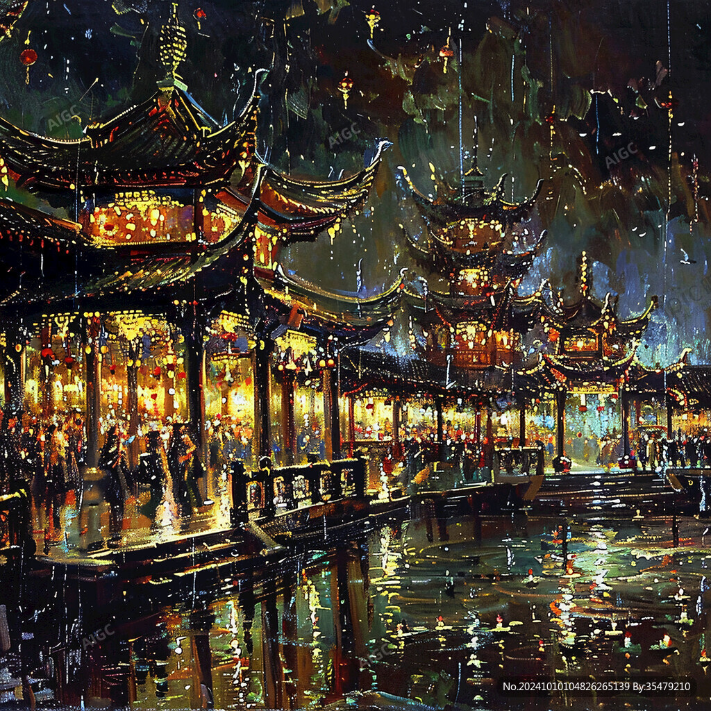 古风亭台楼阁油画