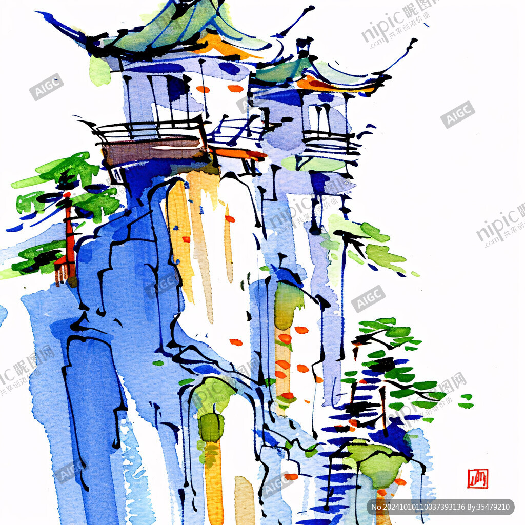 水彩画插画水墨画建筑