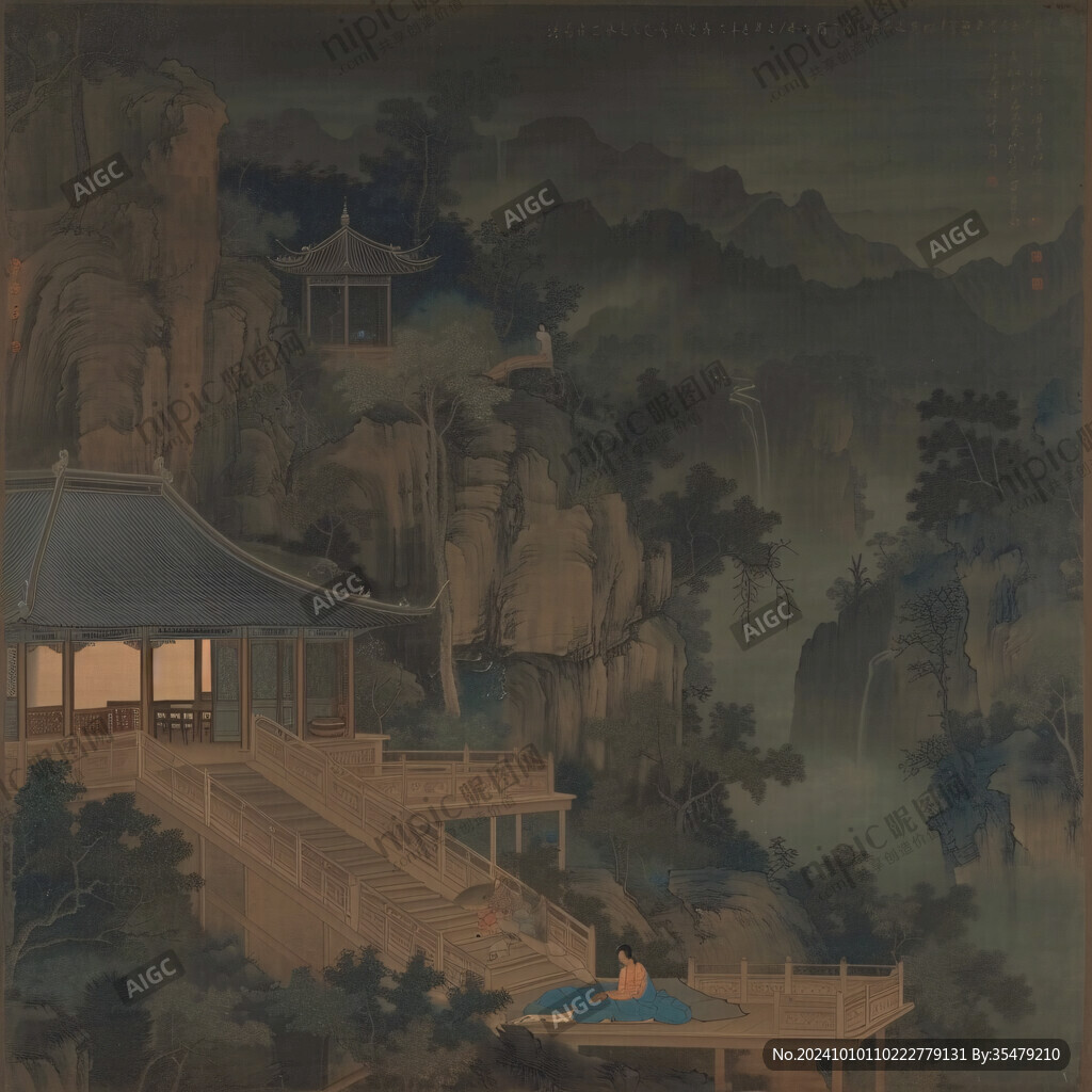 缂丝仇英水阁鸣琴图轴