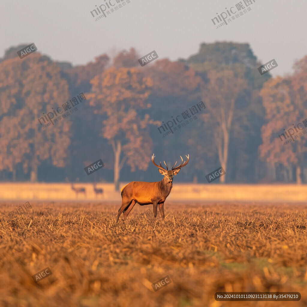 田野山水鹿白鹭