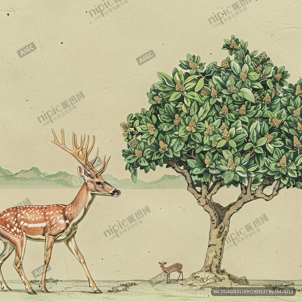 水彩大树国画梅花鹿